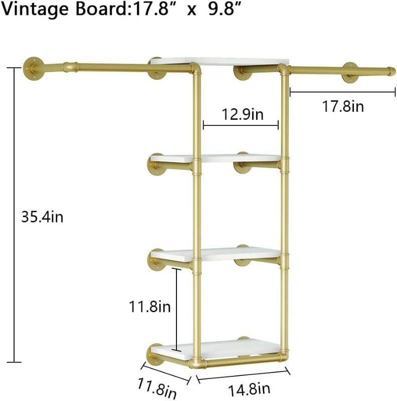 Photo 3 of (READ FULL POST) Wall Mounted Pipe Clothing Rack with Shelf,Gold Industrial Clothes Rack with 4 Tier Closet Bar Heavy Duty Iron Garment Rack, Retail Display Clothes Rod for Hanging Clothes,Laundry Room (Gold)