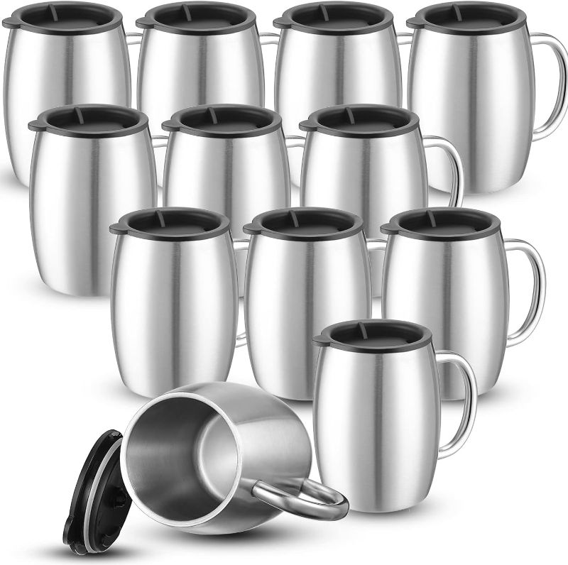 Photo 1 of 14 oz Insulated Stainless Steel Coffee Mug Spillproof with Lid Double Wall Travel Coffee Mug with Handle Shatterproof Metal Coffee Cups for Camping Outdoor Hot Tea Beer Cold Drink (Silver, 12 Pack)