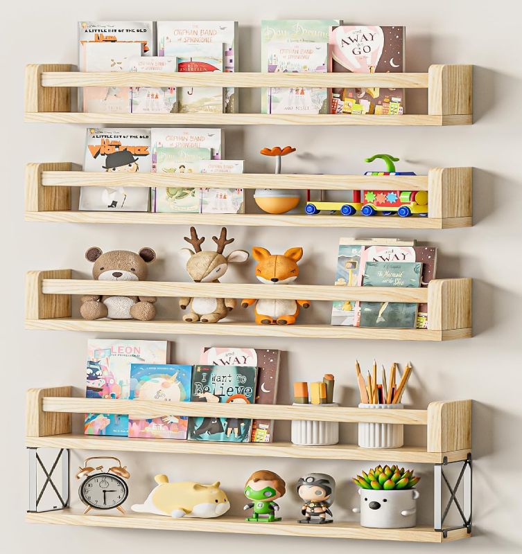 Photo 1 of 24inch Floating Kids Book Shelves Set of 4, Small Nursery Bookshelf Wall Mount, Natural Wood Baby Book Shelf, Multifunctional Floating Shelves for Bedoom Bathroom Kitchen
