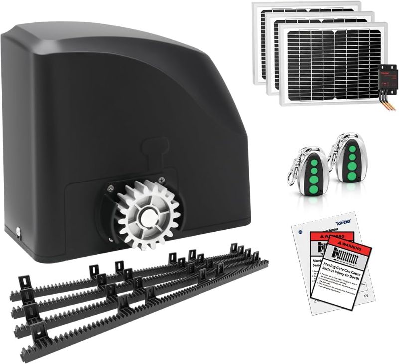 Photo 1 of **UNKNOWN IF FUNCTION UNTESTED, UNKNOWN IF MISSING PARTS/HARDWARE, PARTS ONLY** TOPENS DKR500ST Solar Sliding Gate Opener Rack Drive Automatic Gate Motor for Heavy Driveway Slide Gates Up to 1300 Pounds, Electric Gate Operator Battery Powered with Solar P