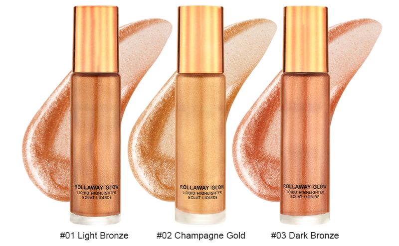 Photo 1 of 5 - 01 LIGHT BRONZE, 4 - 02 CHAMPAGNE GOLD - 9 TOTAL Face Highlighter Makeup, Liquid Highlighter Bronzer Makeup for Any Part of the Body, Longwear Waterproof Shimmer Body Oil with Roller Ball Design, Natural Glossy Finish, Blendable, 0.3oz (#02 Champagne 