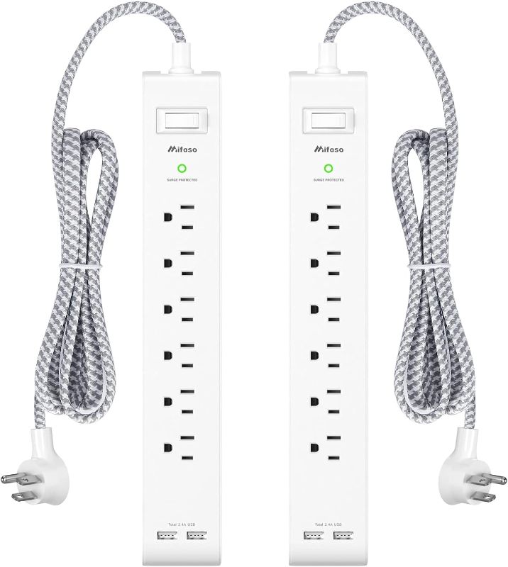 Photo 1 of 2 Pack Power Strip - 12FT Long Extension Cord, Surge Protector with 6 Outlets and 2 USB Charging Ports, Flat Plug Overload Protection, (1625W/13A/900J), Wall Mount for Home Office and Dorm, ETL Listed
