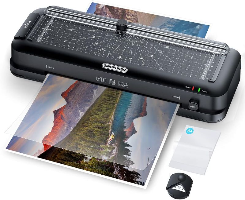 Photo 1 of SINOPUREN Laminator Machine, 9-Inch Thermal Laminator, Personal 3-in-1 Desktop Laminating Machine Built-in Paper Trimmer Punch and Corner Rounder with 10 Pouches Sheets for Home Office School - Black
