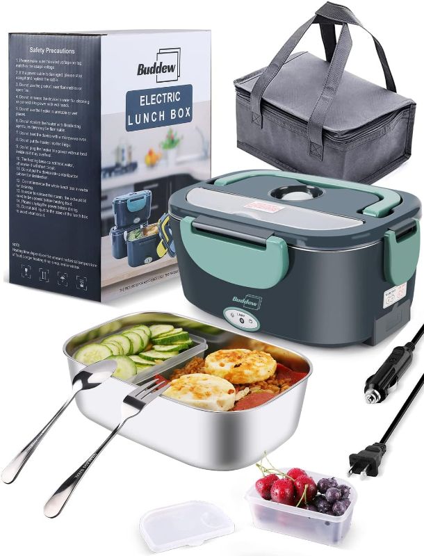 Photo 1 of Buddew Electric Lunch Box 80W Food Heater for Adults, 12/24/110V Portable Lunch Warmer Upgraded Heated Lunch Box for Car/Truck/Office with SS Fork&Spoon and Insulated Carry Bag (Green)
