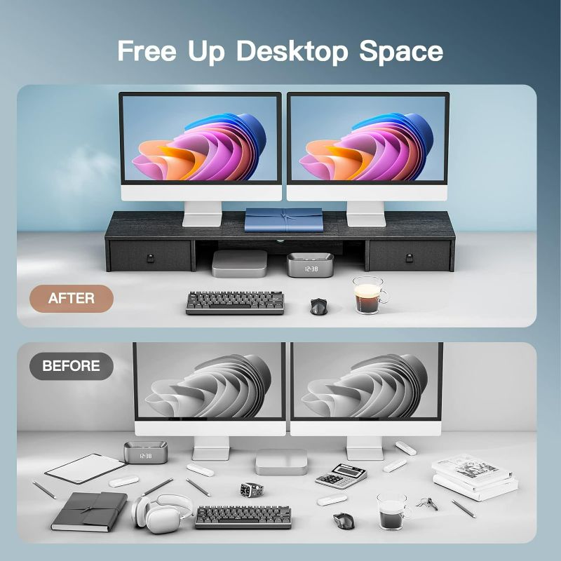 Photo 1 of HUANUO Dual Monitor Stand with 2 Drawers , Monitor Riser for 2 Monitors, Extra Large Storage, Multifunctional Desktop Organizer, Computer Monitor Stand for Desk, Laptop, PC, TV, Printer