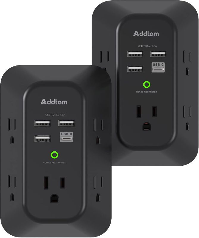 Photo 1 of 2 Pack USB Wall Charger Surge Protector, 5 Outlet Extender with 4 USB Charging Ports (1 USB C Outlet) 3 Sided 1800J Power Strip Multi Plug Outlets, Wall Adapter Spaced for Home Office, Black