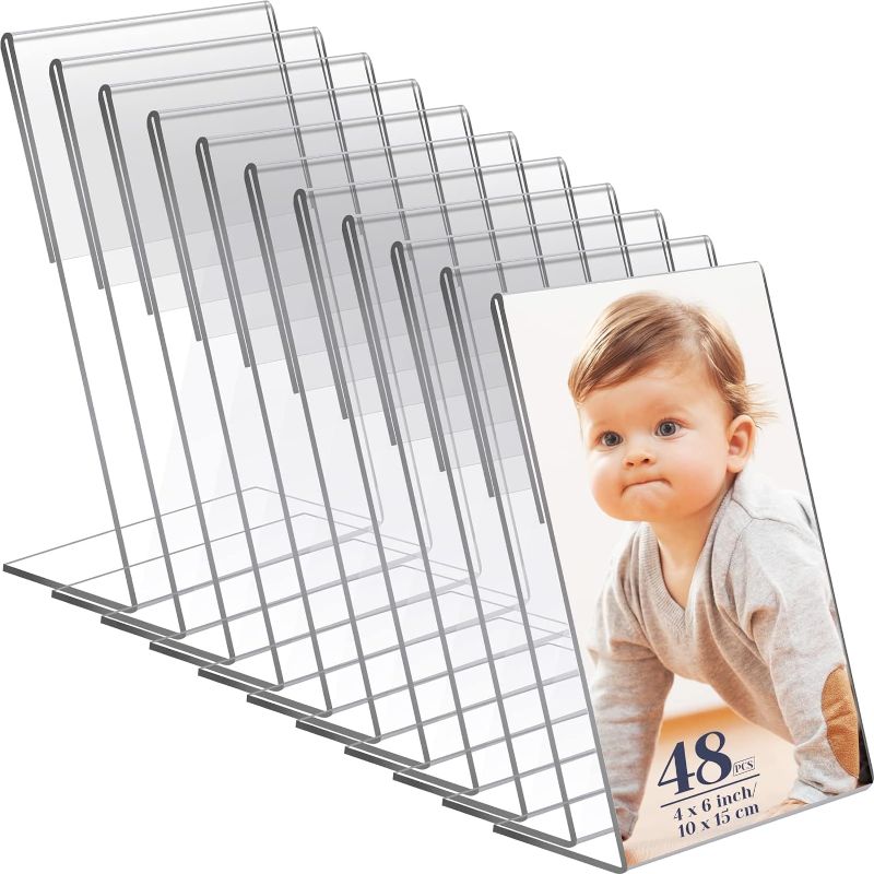 Photo 1 of 48 Pack Acrylic Photo Frames 4 x 6 Inches Clear Plastic Picture Frames Holder Standing Slanted Photo Booth Frame Vertical Sign Stand Up Holder for Photo Picture Office Table Hotel Restaurant Menu