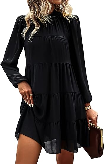 Photo 1 of KIRUNDO Women's Long Sleeve Ruffle Mock Neck Tiered Mini Babydoll Dress Casual Flowy Swing Tunic Shift Dresses medium
