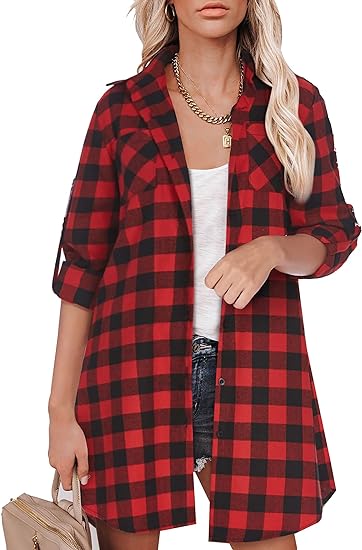 Photo 1 of HOTOUCH Womens Flannel Plaid Shirts Dress Roll Up Long Sleeve Pockets Casual Button Down Long Shirts xxl
