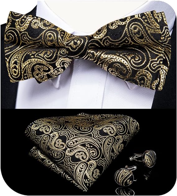 Photo 1 of DiBanGu Black Gold Paisley Bow Tie for Men Adjustable Pretied Bow Tie Handkerchief Cufflinks
