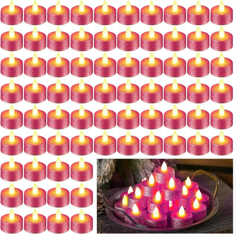 Photo 1 of 72 Pcs Votive Tealights Candle Glitter Flameless Tea Lights Battery Operated Flickering Light LED Tea Light Candle Decor for Wedding Table Centerpieces Decorations Anniversary(Pink)