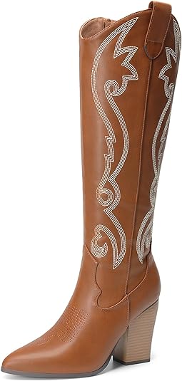 Photo 1 of DREAM PAIRS Cowboy Boots For Women, Comfortable Pull On Zipper Chunky Heel Pointed Toe Embroidered Western Cowgirl Knee High Boots size 10
