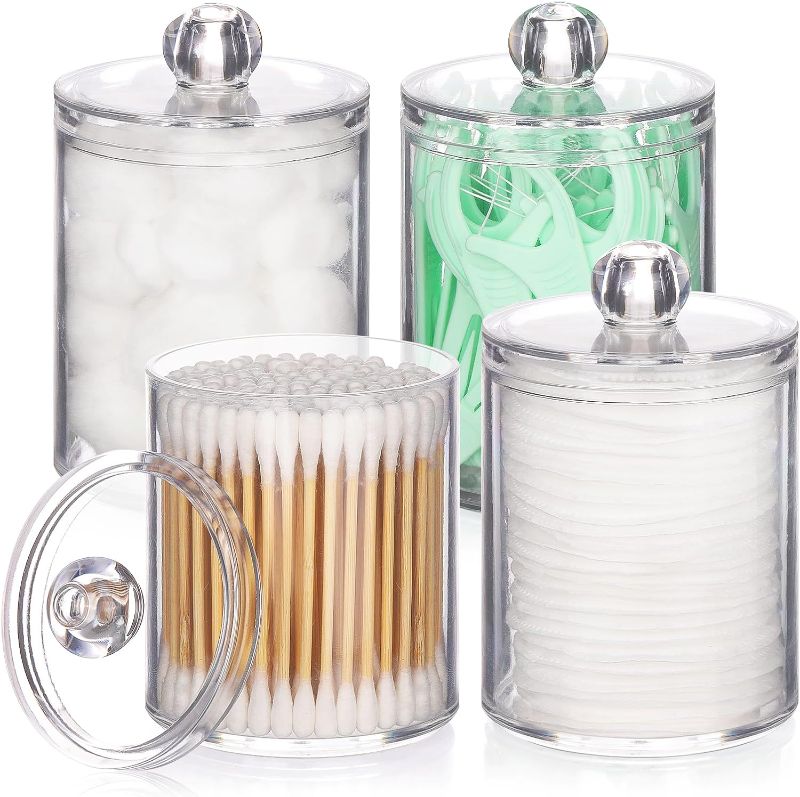 Photo 1 of 4 PACK Qtip Holder Dispenser for Cotton Ball, Cotton Swab, Cotton Round Pads, Floss Picks - Small Clear Plastic Apothecary Jar Set for Bathroom Canister Storage Organization, Vanity Makeup Organizer