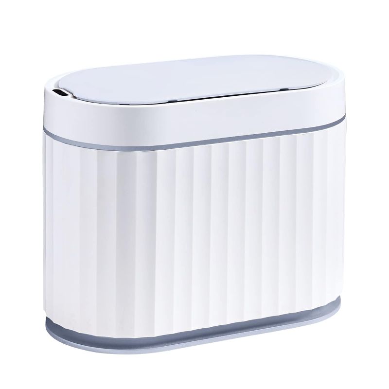 Photo 1 of ELPHECO Mini Desktop Trash Can with Lid, Small Slim Automatic Garbage Can, 1.3 Gallon Motion Sensor Countertop Waste Basket for Bedroom, Office, Bathroom, White with Grey Trim
