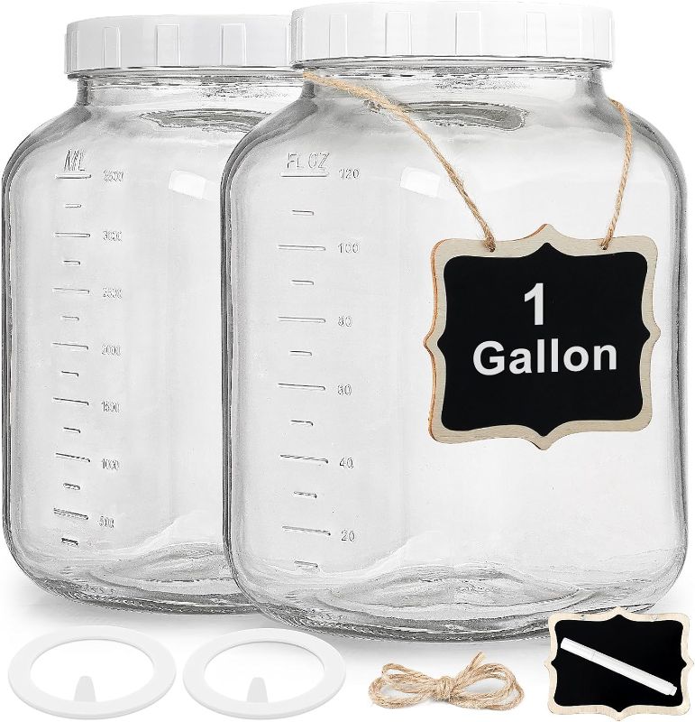 Photo 1 of 2 Pack Wide Mouth 1 Gallon Clear Glass Jar with Lid, Heavy Duty Airtight Screw Lid with Silicone Gasket - Large Mason Jar with 2 Scale Mark for Fermenting Kombucha and Storing Food(Extra 2 Gaskets)