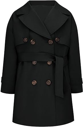 Photo 1 of Haloumoning Girls Double Breasted Trench Coat Kids Notch Lapel Long Peacoat with Pockets 5-14 Years 10-12 Years Black