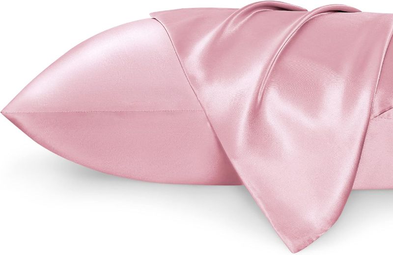 Photo 1 of Bedsure Satin Pillowcase for Hair and Skin Queen - Pink Silky, 20x30 Inches - Set of 2 with Envelope Closure, Similar to Silk , Gifts for Women Men
