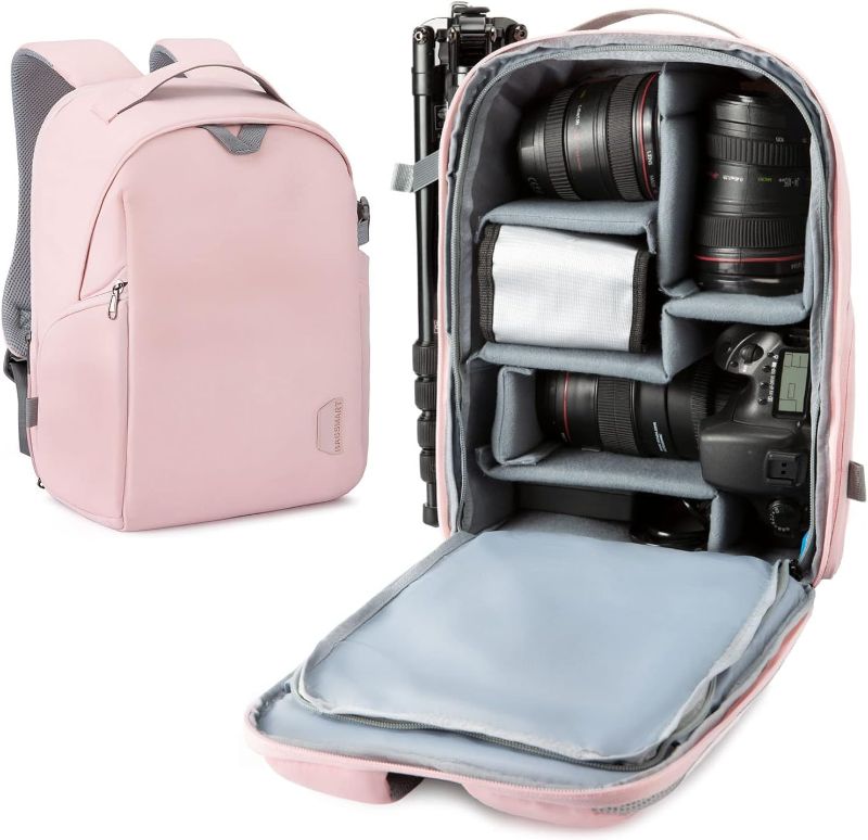 Photo 1 of BAGSMART Camera Backpack, DSLR SLR Camera Bag Fits up to 13.3 Inch Laptop Water Resistant with Rain Cover, Tripod Holder for Women and Girls,Pink Medium Pink