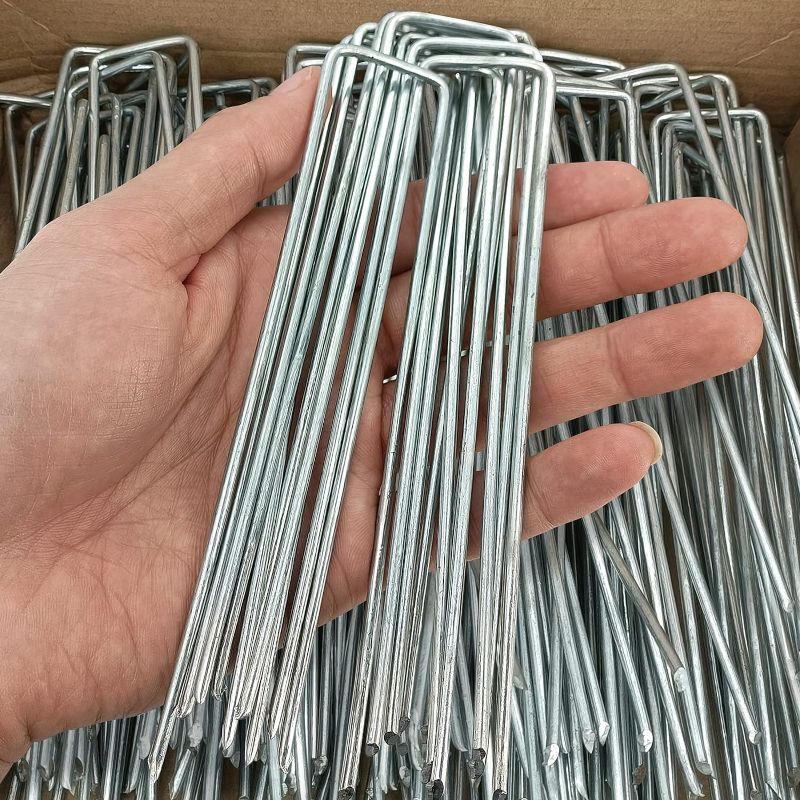 Photo 1 of 100 Pcs 6 inch Garden Landscape Staples Galvanized Pins Lawn Stakes for Weed Barrier Ground Cover,U-Type Heavy Duty (100 Pcs x 6")