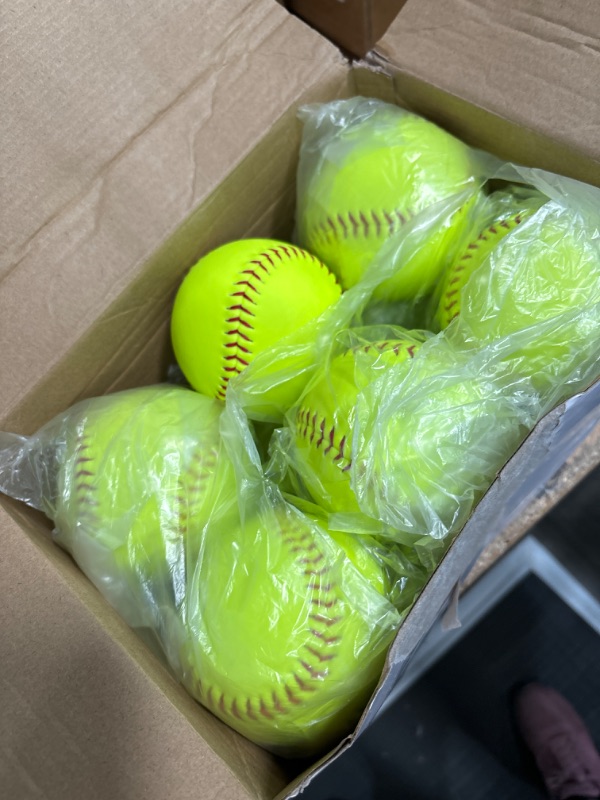 Photo 2 of 12 Pack Sports Practice Softballs, Official Size and Weight Slowpitch Softball, Unmarked Leather Covered Youth Fastpitch Softball Ball Training Ball for Games, Practice and Training Yellow 11 Inch