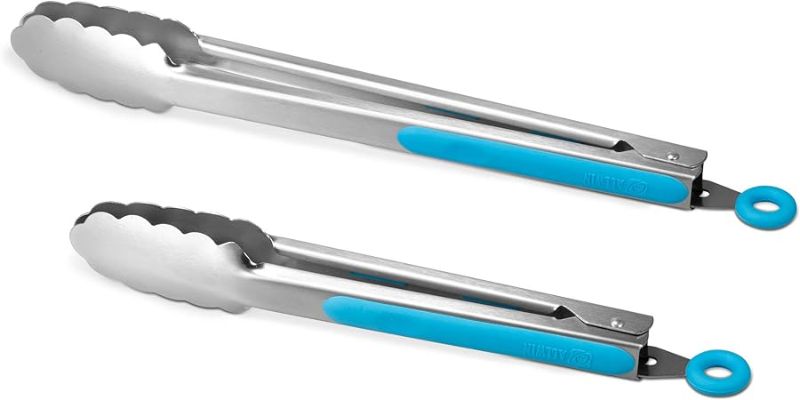 Photo 1 of 304 Stainless Steel Kitchen Cooking Tongs, 9" and 12" Set of 2 Sturdy Grilling Barbeque Brushed Locking Food Tongs with Ergonomic Grip, blue
