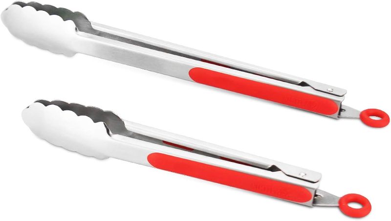 Photo 1 of 304 Stainless Steel Kitchen Cooking Tongs, 9" and 12" Set of 2 Sturdy Grilling Barbeque Brushed Locking Food Tongs with Ergonomic Grip, Red
