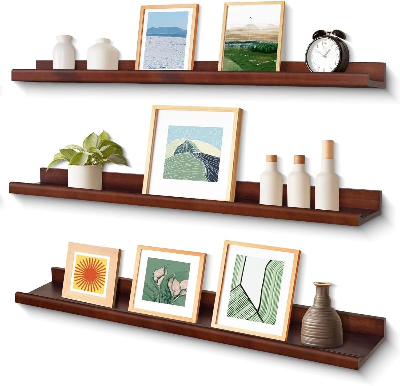 Photo 1 of 3 Wall Shelves, Dark Brown, (Walnut Brown) 36" Annecy Floating Shelves Wall Mounted Set of 3, 36 Inch Dark Walnut Solid Wood Shelves for Wall, Wall Storage Shelves with Lip Design for Bedroom, Bathroom, Kitchen, Office, 3 Different Sizes
