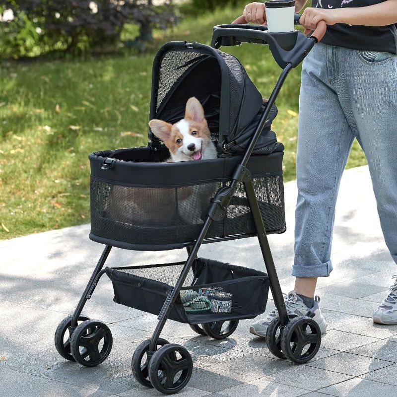 Photo 1 of 3 in 1 Folding Dog Stroller, Pet Folding Stroller, 4 Wheels Dog/Cat Puppy Stroller w/Removable Travel Carrier for Small/Medium Pet, Waterproof Pad, Car Seat, Sun Shade
