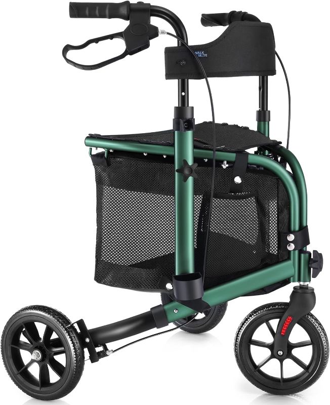 Photo 1 of 3 Wheel Rollator Walker with Seat for Slim Seniors, Padded Backrest Lightweight Foldable Walker Ideal for Elderly, 8 Inch Tri-Wheel Modern Mobility Walking Aid Aluminum, Green
