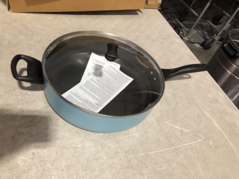 Photo 6 of ***DAMAGED - LID BENT - SEE PICTURES***
Farberware Dishwasher Safe Nonstick Jumbo Cooker/Saute Pan with Helper Handle - 6 Quart, Blue Aqua Cooker - 13 Inch Diameter