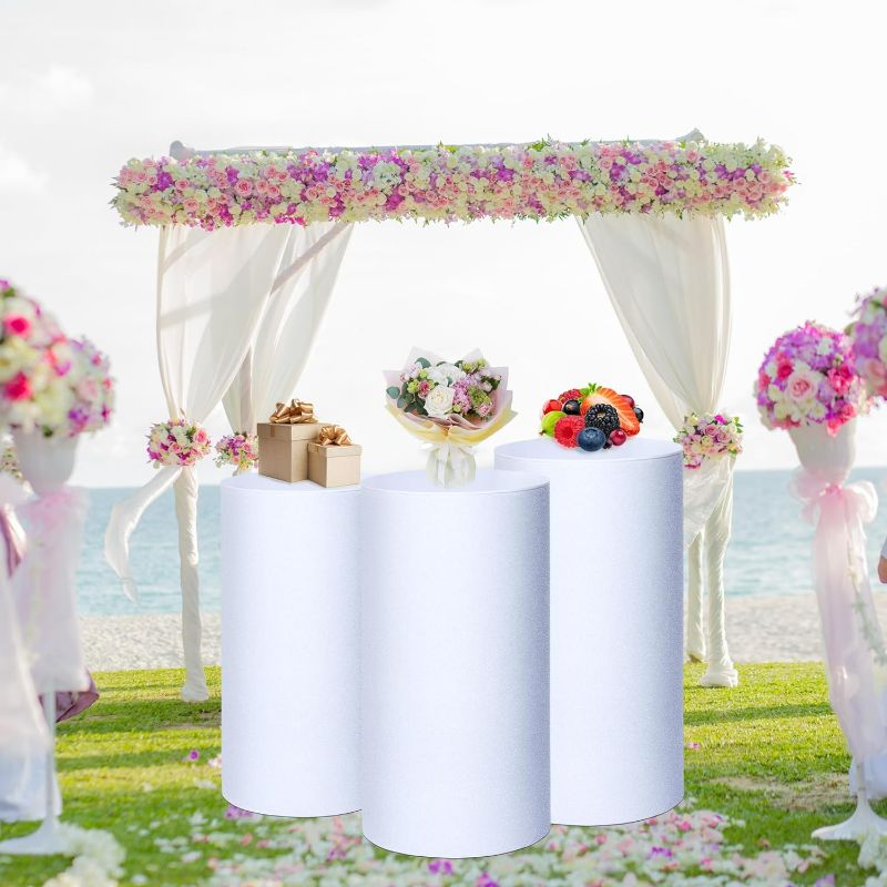 Photo 4 of (READ FULL POST) Wokceer 3Pcs Cylinder Pedestal Stands for Party Large Round Cylinder Tables for Parties Pedestal Display Plinth Pillars for Wedding Birthday Party Art Decor 15.7*35.4"(L),14.2*29.5"(M),13*23.6"(S) Cylinder Clear