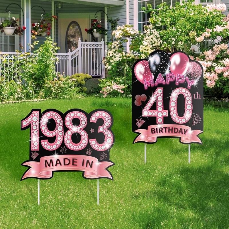 Photo 1 of 2Pcs Rose Gold 40th Birthday Yard Sign Decorations for Women, 16'' Happy 40th Birthday Waterproof Lawn Signs Decorations with Stakes Made in 1983 Birthday Party Supplies Decor Outdoor