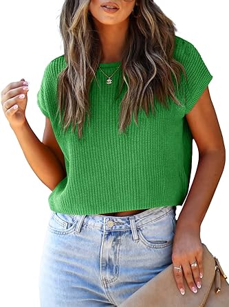 Photo 1 of Bairmild Women's Batwing Sleeve Crew Neck Sweater Vest Oversized Short Cap Sleeve Loose Casual Knit Tank Pullover Tops Green