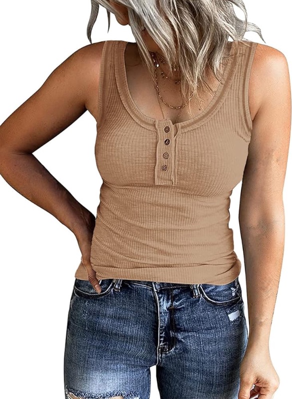 Photo 1 of GEMBERA Women's Ribbed Fitted Knit Scoop Neck Tank Tops Cotton Basic Sleeveless Shirts Henley Button M