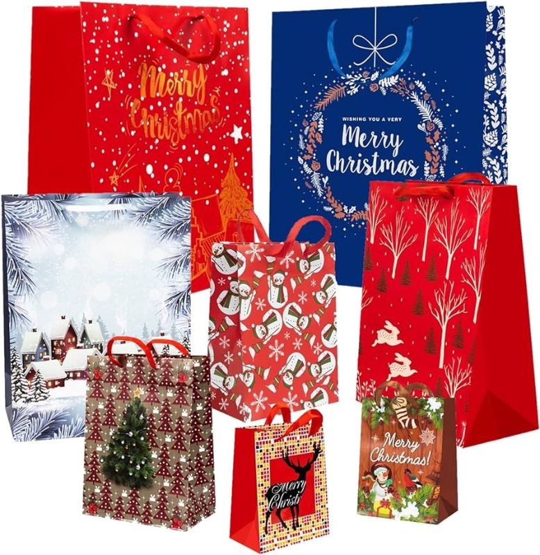 Photo 1 of 24 PCS Gift Bags for Wrapping Holiday Gifts, Recyclable Festival Bags with Snowman, Reindeer, Christmas Bell/Tree, Snowflake, Gin Design - Bulk Set,6 X-L,6 Large,6 Medium,6 Small