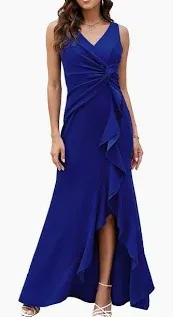 Photo 1 of Formal Dress for Women Sleeveless Side Split Evening Gowns V Neck Ruffle Cocktail Long Maxi Dress(Blue Medium)