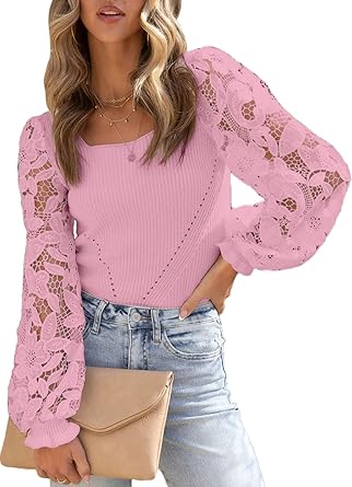 Photo 1 of AlvaQ Women Square Neck Crochet Lace Lantern Sleeve Sweater Casual Hollow Out Ribbed Knit Pullover Cropped Tops M