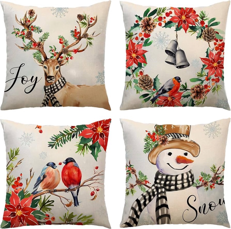 Photo 1 of 11 Style 18 * 18 inch Christmas Throw Pillow Cover Set of 4, Christmas Decoration Linen Printed with Magpie, Christmas Wreath, Elk, for Bedroom Living Room Holiday Decoration