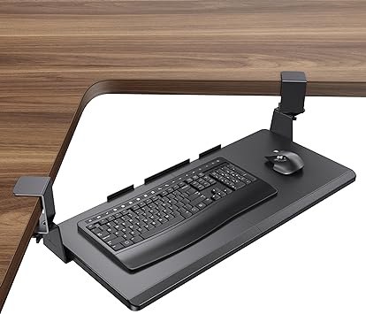 Photo 1 of HUANUO Keyboard Tray Under Desk, Ergonomic Corner Keyboard Tray with 45° Adjustable C Clamp for L Shaped Desk, Slide Out Computer Keyboard & Mouse Tray, 26.38" W x 11.69" D, Black