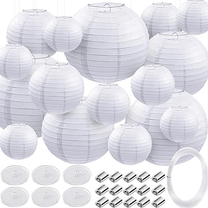 Photo 1 of 18 pcs Round Chinese Paper Lantern Set, 4/6/8/12 Inches Hanging Japanese Paper Lanterns Round Paper Lamps for Wedding Engagement Party(White)

