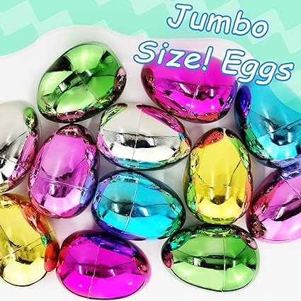 Photo 1 of 12 Count 6" Jumbo Metallic Easter Eggs Plastic Fillable Include Golden Surprise Eggs 6 Shiny Colors Empty Shell for Filling Treat Toys Kids Easter Basket Stuffers Filler Easter Hunt Easter Party Favor