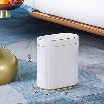 Photo 1 of ELPHECO Automatic Motion Sensor Trash Can - 2 Gallon Slimline for Bathroom, Bedroom, Kitchen, Office - White with Gold Trim