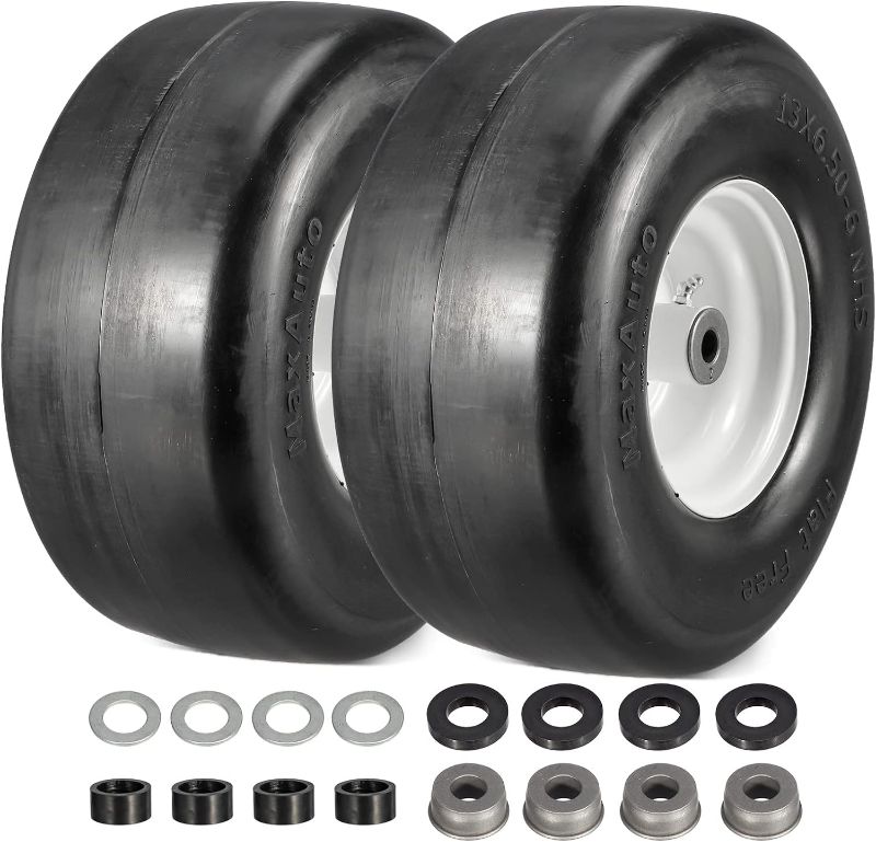 Photo 1 of *ONLY ONE TIRE**MaxAuto Set of 2 13x6.50-6 Flat Free Lawn Mower Smooth Tires on Wheel for Lawn Mower Garden Tractor(4.0"Centered Hub - Hub Length 4"-4.5''-5.0''-5.5" with 5/8" or 3/4'' Sintered iron Bushing) *damaged box*
