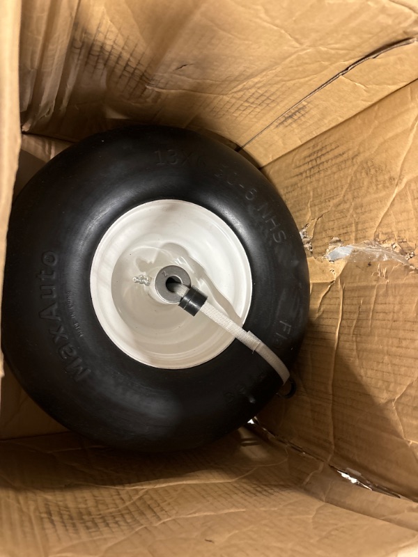 Photo 2 of *ONLY ONE TIRE**MaxAuto Set of 2 13x6.50-6 Flat Free Lawn Mower Smooth Tires on Wheel for Lawn Mower Garden Tractor(4.0"Centered Hub - Hub Length 4"-4.5''-5.0''-5.5" with 5/8" or 3/4'' Sintered iron Bushing) *damaged box*
