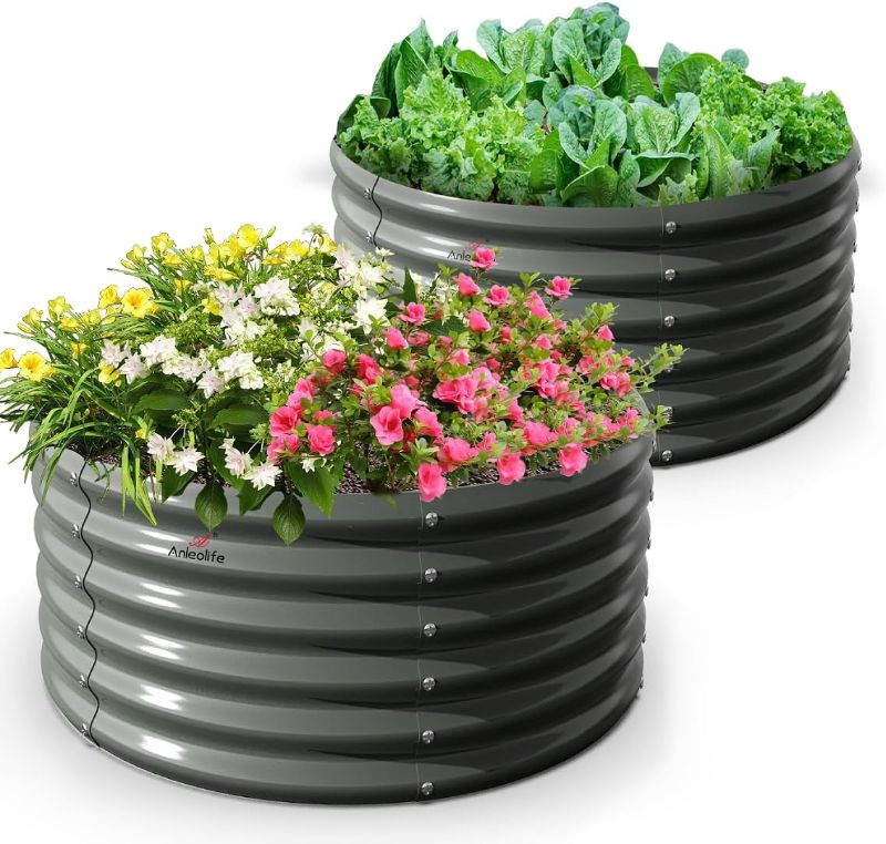 Photo 1 of A ANLEOLIFE 2-Pack 4ft x 18” Tall Galvanized Raised Garden Beds Outdoor, Round Metal Planter Box for Planting Vegetables Flowers Herb, Anti-Rust & Easy-Setup, 