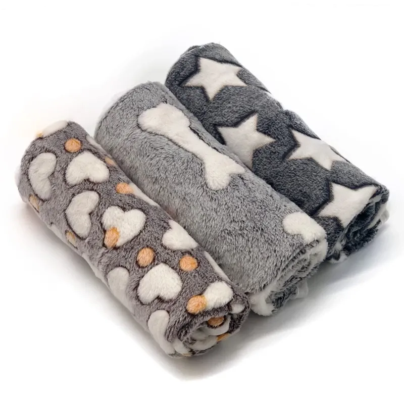 Photo 1 of 1 Pack 3 Puppy Blankets Super Soft Warm Sleep Mat Grey Cute Print Fluffy Fleece Pet Flannel Throw Dog Blankets for Small Dogs Cats,Star&Bone&Love- Small (23"x15")