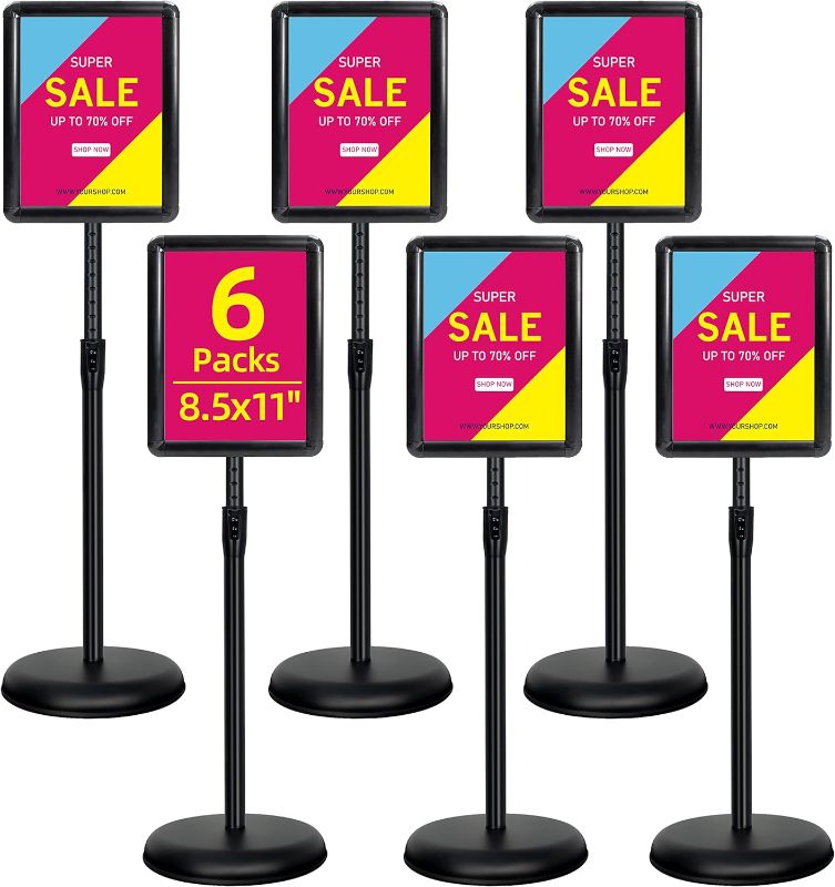 Photo 1 of 6Packs 8.5x11 Inch Adjustable Pedestal Poster Sign Stand, Heavy Duty Floor Standing Sign Holder Stand Aluminum Snap Open Frame for Vertical and Horizontal View Sign Displayed(Black, Round)