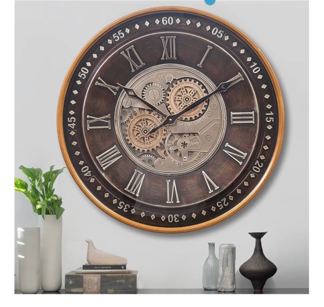 Photo 1 of 24 Inch Wall Clock with Moving Gears,Oversized Large Industrial Steampunk Wall Clock, Antique Gold Metal Roman Numeral Wall Clocks for Farmhouse Living Room Decor