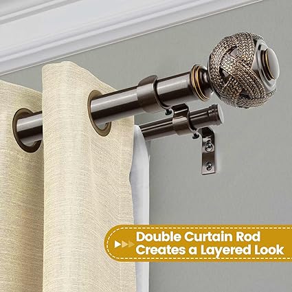 Photo 1 of 1 Inch Double Curtain Rods 36 to 72 Inches(3-6 ft) Bronze Drapery Rods for Windows 24 to 68 Inches, Telescoping Dual Curtain Rod with Woven Leaf Finials