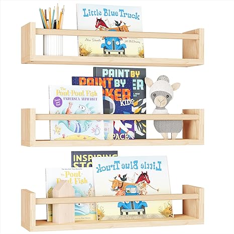 Photo 1 of Fixwal Floating Wall Bookshelves, Baby Nursery Decor, 16.5 Inch Solid Wood Shelves for Books, Toys and Decor Storage (Natural Wood)
